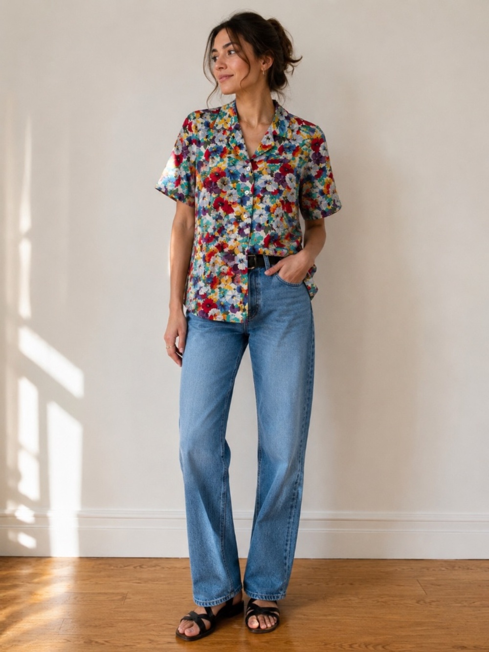 Vintage Silk Floral Button Front Shirt Colorful European Blouse S